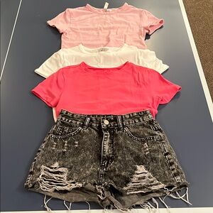 Pink, White, and Coral Tops with Distressed Denim Shorts